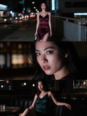 夜の薄暗い都会の環境で若い女性をフィーチャーした 3 枚の写真のコラージュからの写実...。