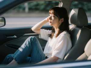 車の運転席に座り、瞑想的な表情で窓の外を眺めている若い女性。