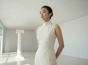 白い柱を背景に、誰もいない部屋に白いノースリーブのドレスを着た若い女性が自信を持って...。