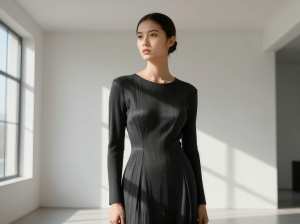 大きな窓のある空の部屋に立ち、長袖とプリーツスカートのミニマルな黒のドレスを着た若い...。