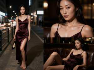 夜の街路で自信を持ってポーズをとるバーガンディのサテンのドレスを着た女性を正面から写...。