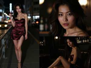 夜の街路で自信を持ってポーズをとるバーガンディのサテンのドレスを着た若い女性を正面か...。