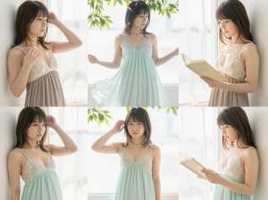 明るい色のナイトガウンを着た若い女性が窓の前でさまざまなポーズを取り、開いた本を持っ...。