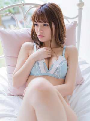 白いレースのディテールが付いた水色のブラジャーを着けてベッドに座っている若い女性を正...。