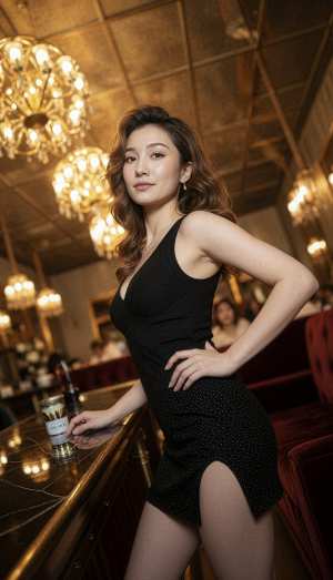 黒い水玉模様のドレスを着て、バーで自信を持ってポーズをとる若い女性を横から見た写真の...。