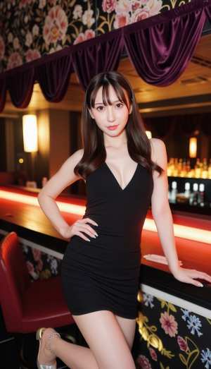 花柄の壁紙と薄暗い照明を備えた豪華なバーの環境で、自信を持ってポーズをとる若い女性を...。