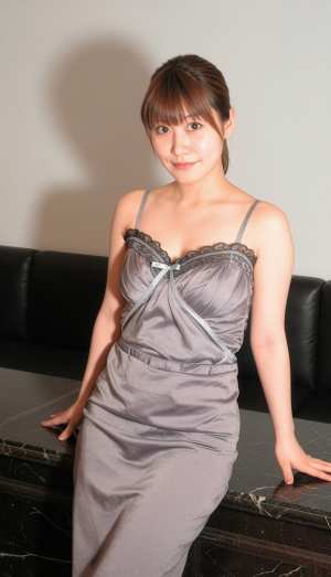 ミニマルなリビング ルームの設定で、黒い大理石のカウンター トップで自信を持ってポー...。