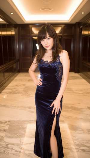 レースのディテールが施されたネイビー ブルーのベルベットのドレスを着て、豪華なインテ...。