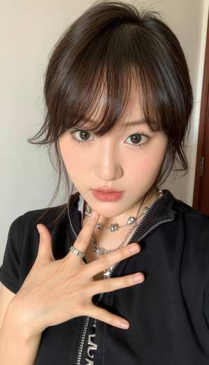 真剣な表情で片手を顔の近くに置き、もう一方の手をあごに当ててポーズをとっている若い女...。