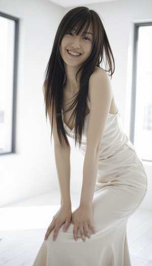 大きな窓のある明るい部屋で自信を持ってポーズをとる白いドレスを着た若い女性を横から撮...。