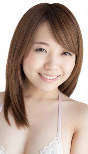 カメラに向かって微笑むアジア系の若い女性をポートレートカメラの角度から撮影した写実的...。