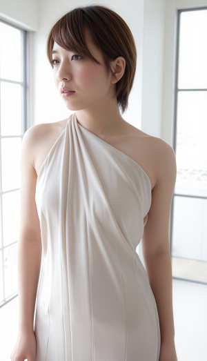 大きな窓の前に立つ白いワンショルダードレスを着た若い女性を横顔カメラのアングルから写...。