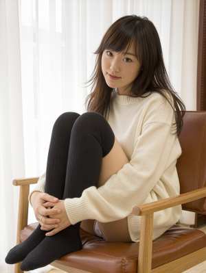 クリーム色のオーバーサイズのセーターと黒のニーハイソックスを履いて、リラックスした表...。