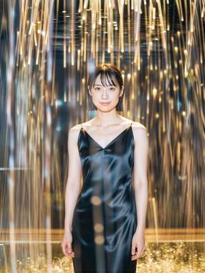 絹のような黒いスリップ ドレスを着て、フレームの中央に立つ若い女性の写実的なポートレート。