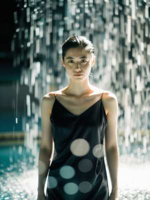 白い水玉模様の黒いドレスを着て、滝のように流れる水の前に立っている若い女性を正面カメ...。