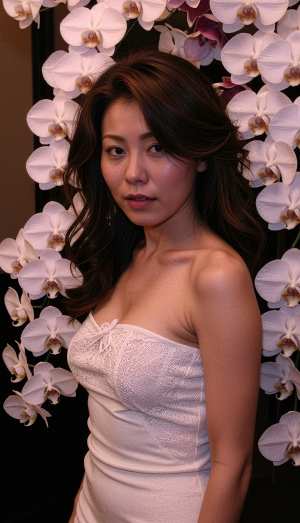 白い蘭の花を背景に、中性的な表情をした若い女性が写実的に描かれたポートレート。