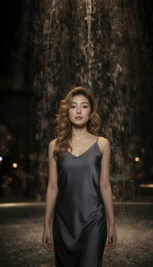 シルクのようなスリップ ドレスを着て、夜に滝の前に立つ女性を正面カメラのアングルから...。