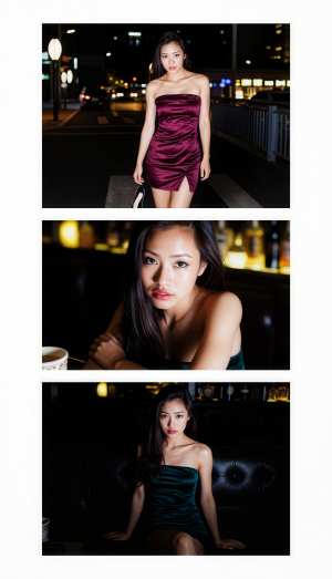 夜にストラップレスの紫色のドレスを着た若い女性をフィーチャーした 3 枚の写真のコラージュ。