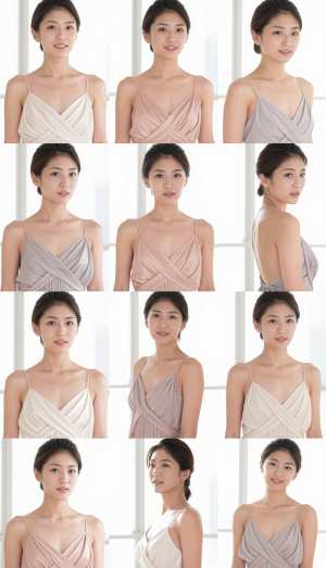 複数の写真が格子状に配置され、複数の行と列で表示された若い女性の写実的なポートレート。