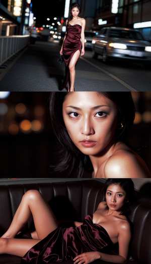 夜に豪華なワインレッドのドレスを着てポーズをとる女性を、コラージュの角度から写実的に...。