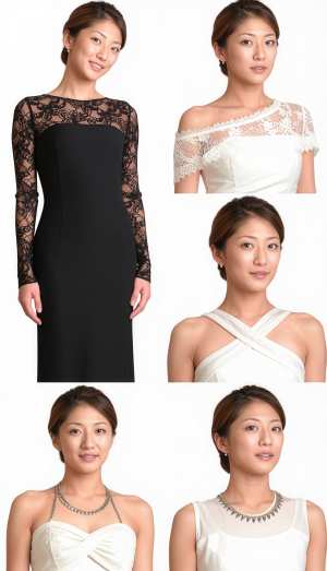 正装をした女性の 9 枚のポートレートを 6 行 6 列のグリッドに配置したコラージュ。