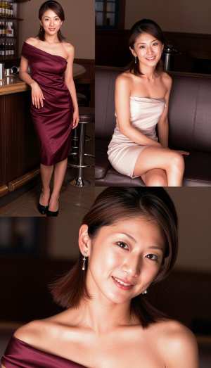 薄暗いバーの中でポーズをとる若い女性をフィーチャーした、4 枚の写真のコラージュから...。