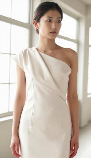 大きな窓のある誰もいない部屋に白いワンショルダーのドレスを着た女性が立っている様子を...。