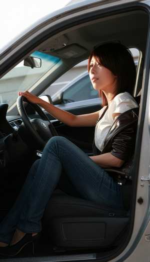 車の運転席に座る若い女性を横から撮影した写実的な写真。