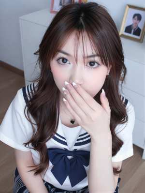 制服を着た若い女性が手で口を覆い、カメラの接写アングルから写実的に撮影した作品。