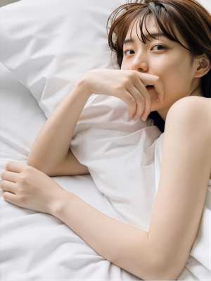 白いシーツが敷かれたベッドに横たわり、手にあごを乗せ、思慮深い表情で思慮深い表情を浮...。