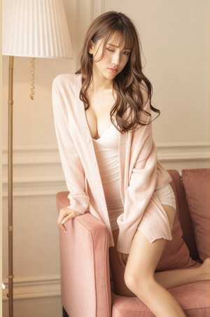 居心地の良いリビングルームのピンクのソファに座り、白いタンクトップの上に淡いピンクの...。