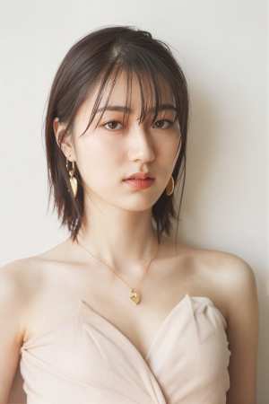 ミニマルな服とゴールドのアクセサリーを身に着けた、ニュートラルな表情の若い女性をポー...。