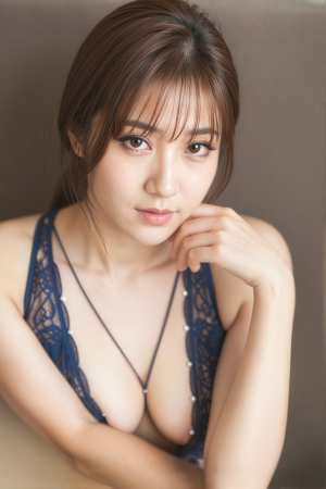 ポートレートカメラの角度から撮影した、思慮深い表情を持つ若い女性の写実的なポートレート。