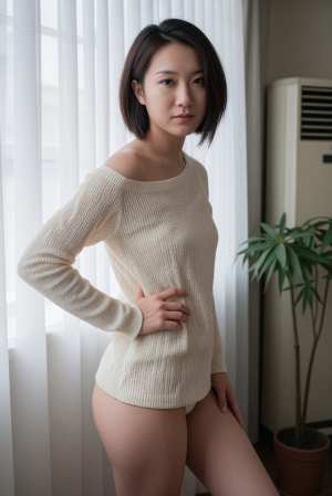 クリーム色のオフショルダーのセーターと白いパンティーを着て、透けた白いカーテンのある...。
