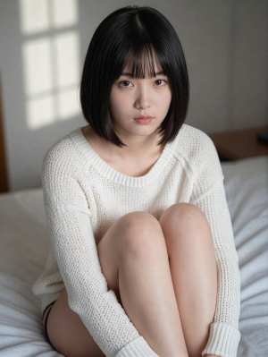 白いニットを着た若い女性が瞑想的な表情でベッドに座っている様子を、正面カメラのアング...。