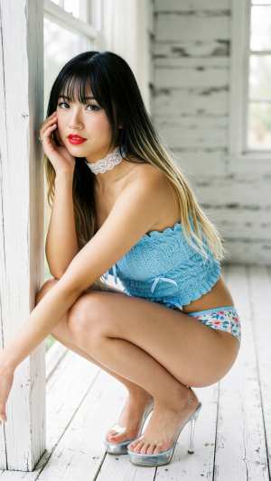 木製の壁を背景にカジュアルな服装でポーズをとる若い女性を横から撮影した写実的な写真。