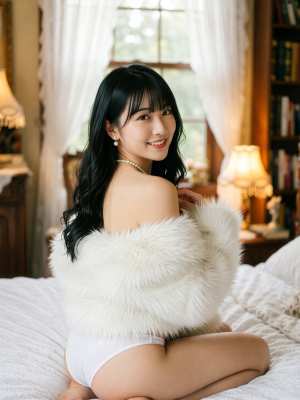 ふわふわの白い毛皮のコートと白い下着を着て、居心地の良い寝室のベッドに座っている若い...。