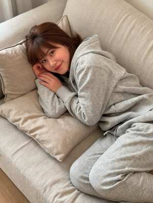 居心地の良いリビングルームで、リラックスした表情でベージュのソファに座っている若い女...。