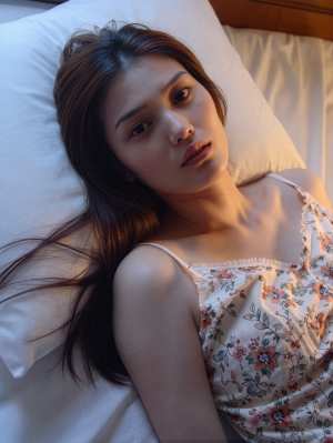 ベッドに横たわり、瞑想的な表情でカメラをまっすぐ見つめている若い女性をクローズアップ...。