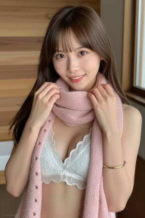 白いレースのブラジャーとピンクのニットスカーフを身に着けた明るい表情の若い女性を、ポ...。