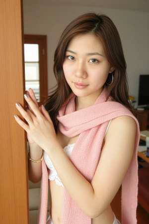 ピンクのスカーフと白いレースのブラジャーを身に着け、木製のドアに向かってポーズをとる...。