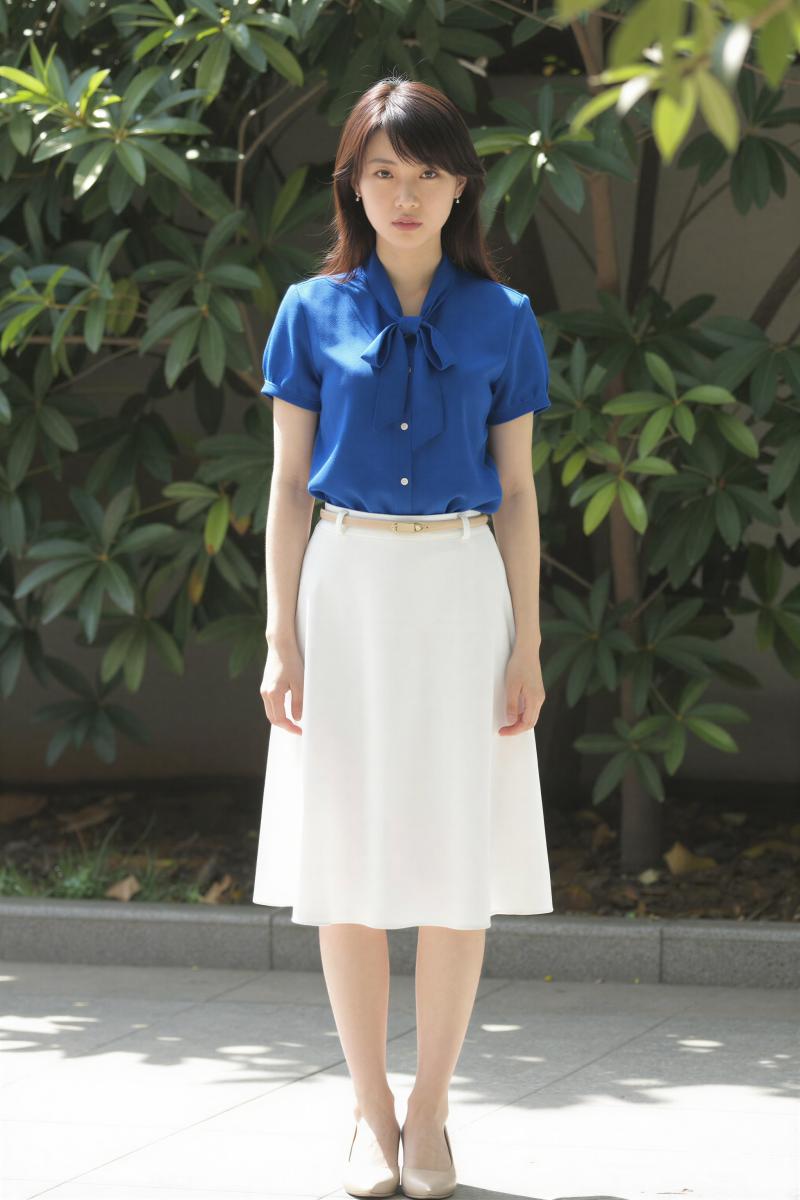 緑ブラウス姿の魅力的な女性