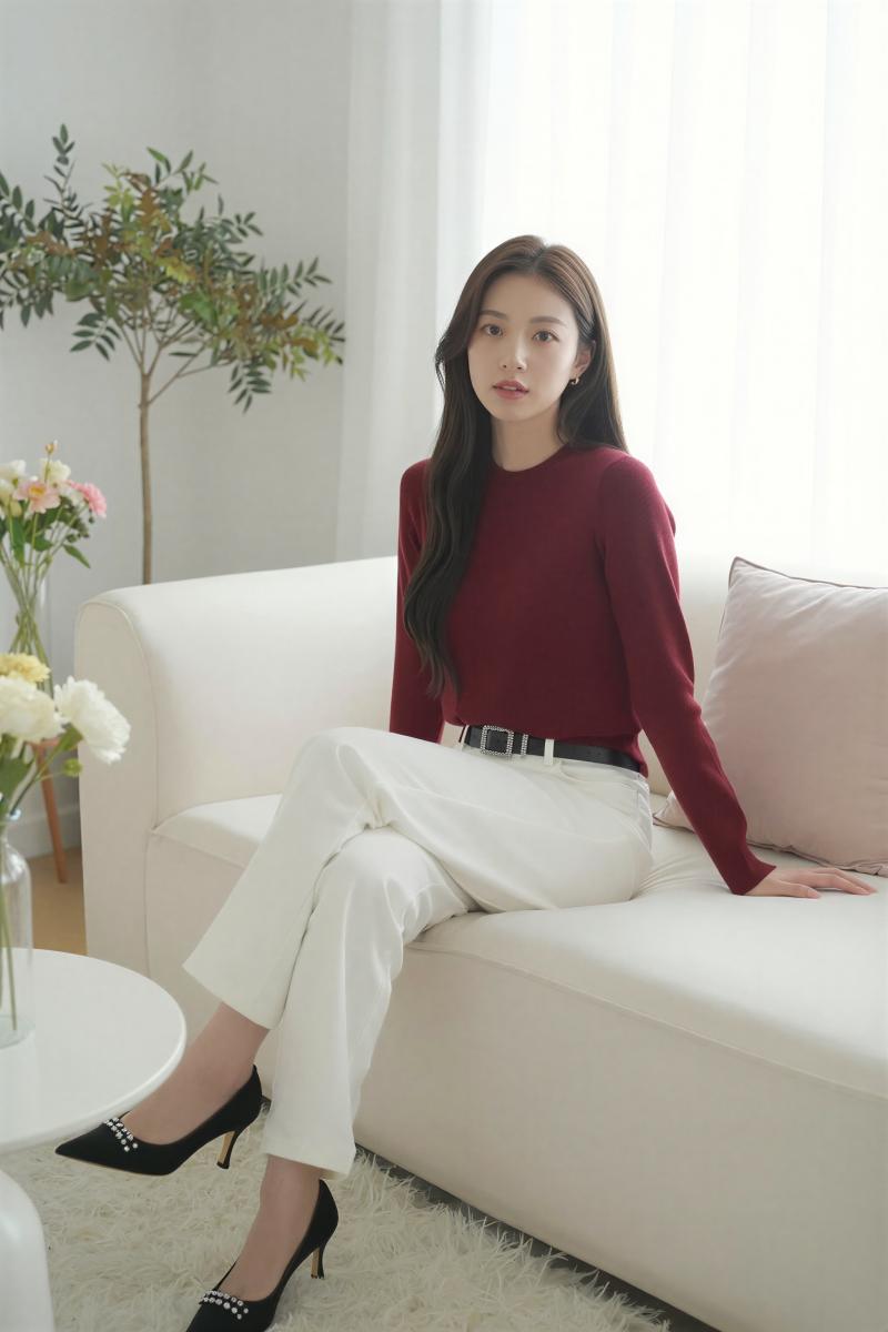 リビングで撮影された女性のポートレート