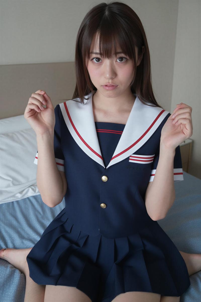 ベッドで青のドレスを着た美女