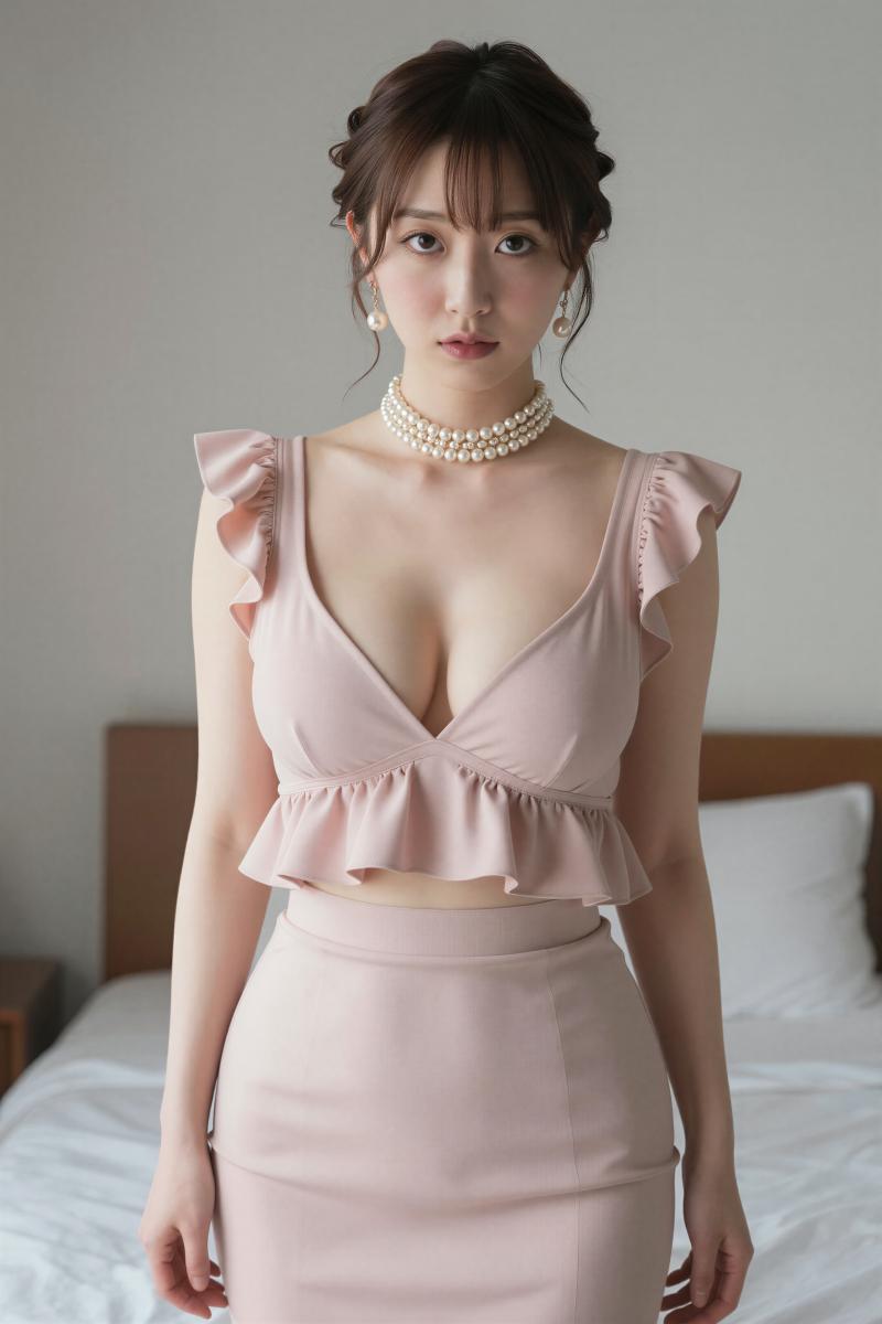 爆乳寝室でピンクのドレスを着た美女