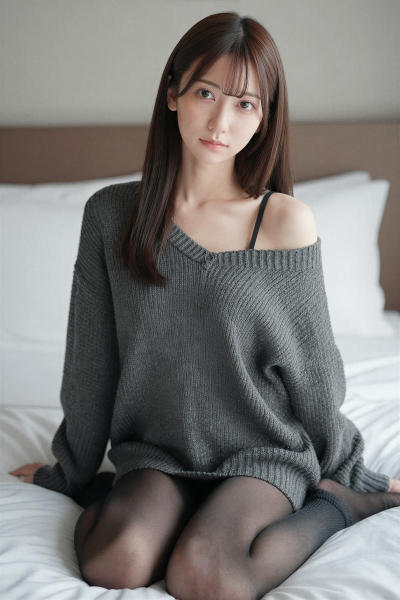 寝室で白のセーターを着た美女