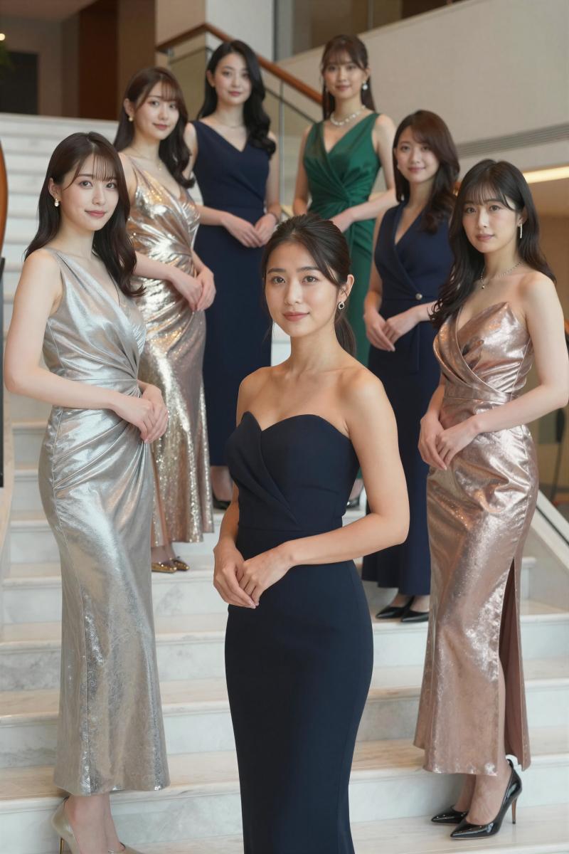 ドレス姿で高級ラウンジ入り口に立つ美女たち