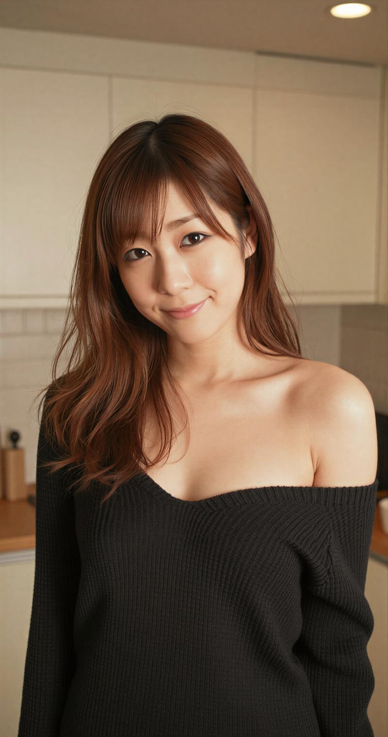 キッチンで撮影された女性のポートレート