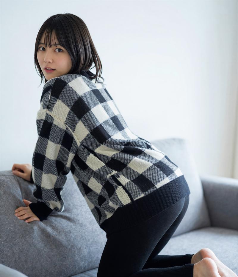 黒のセーター姿でソファに佇む女性