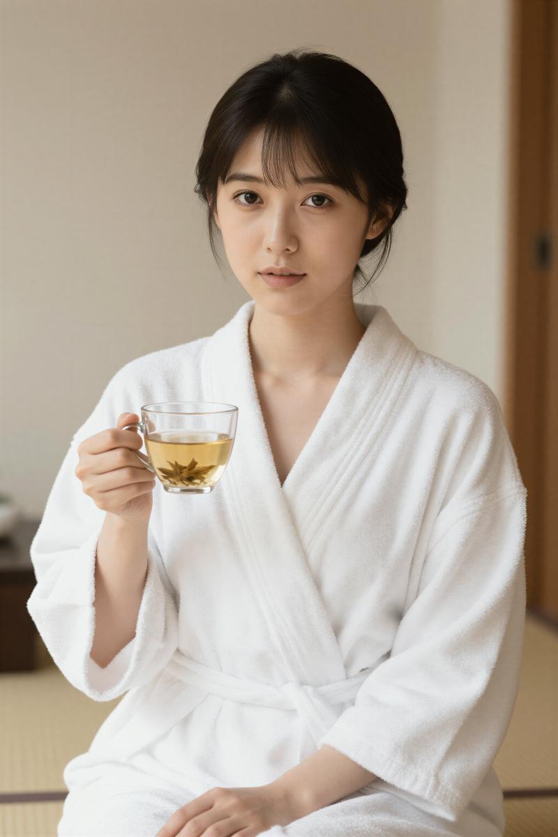 白のバスローブを着た女性のポートレート